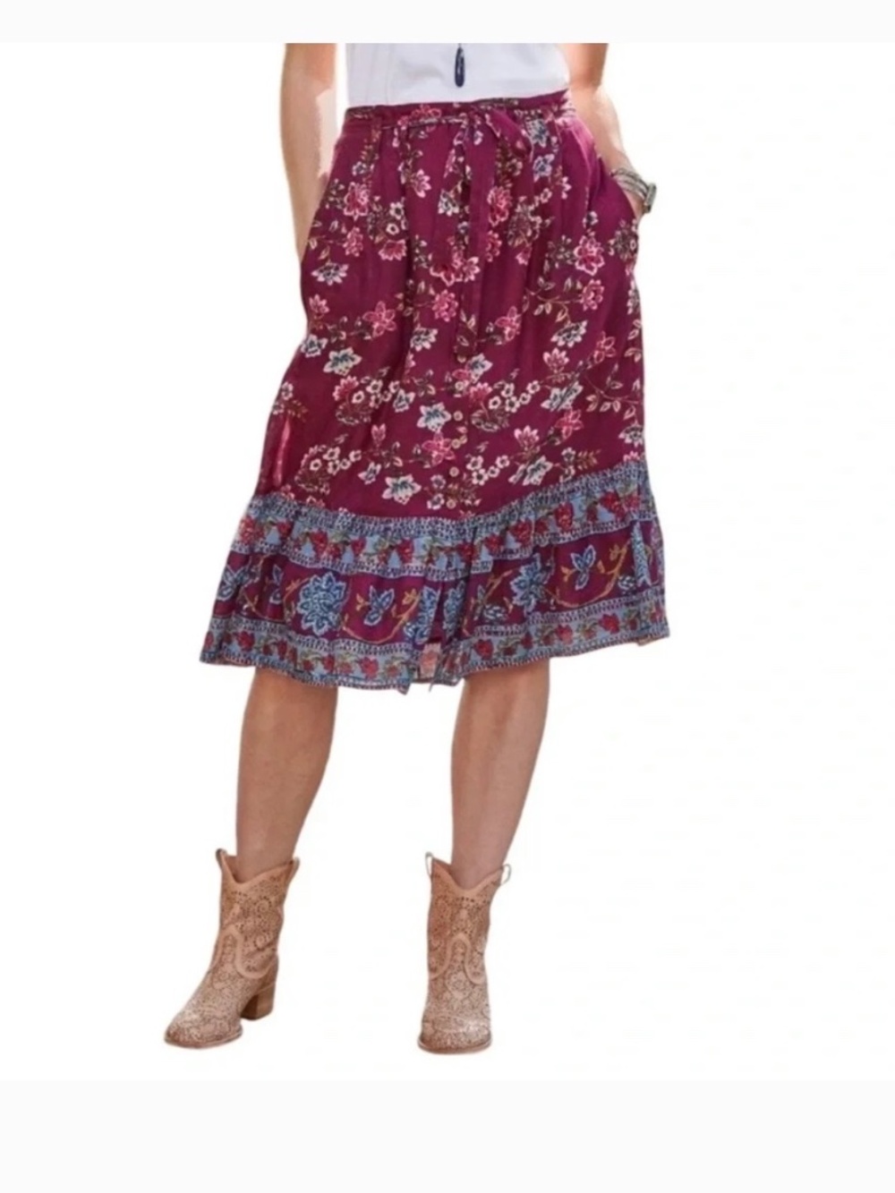Sundance Sz M Floral Button Down Cotton Skirt with Belt